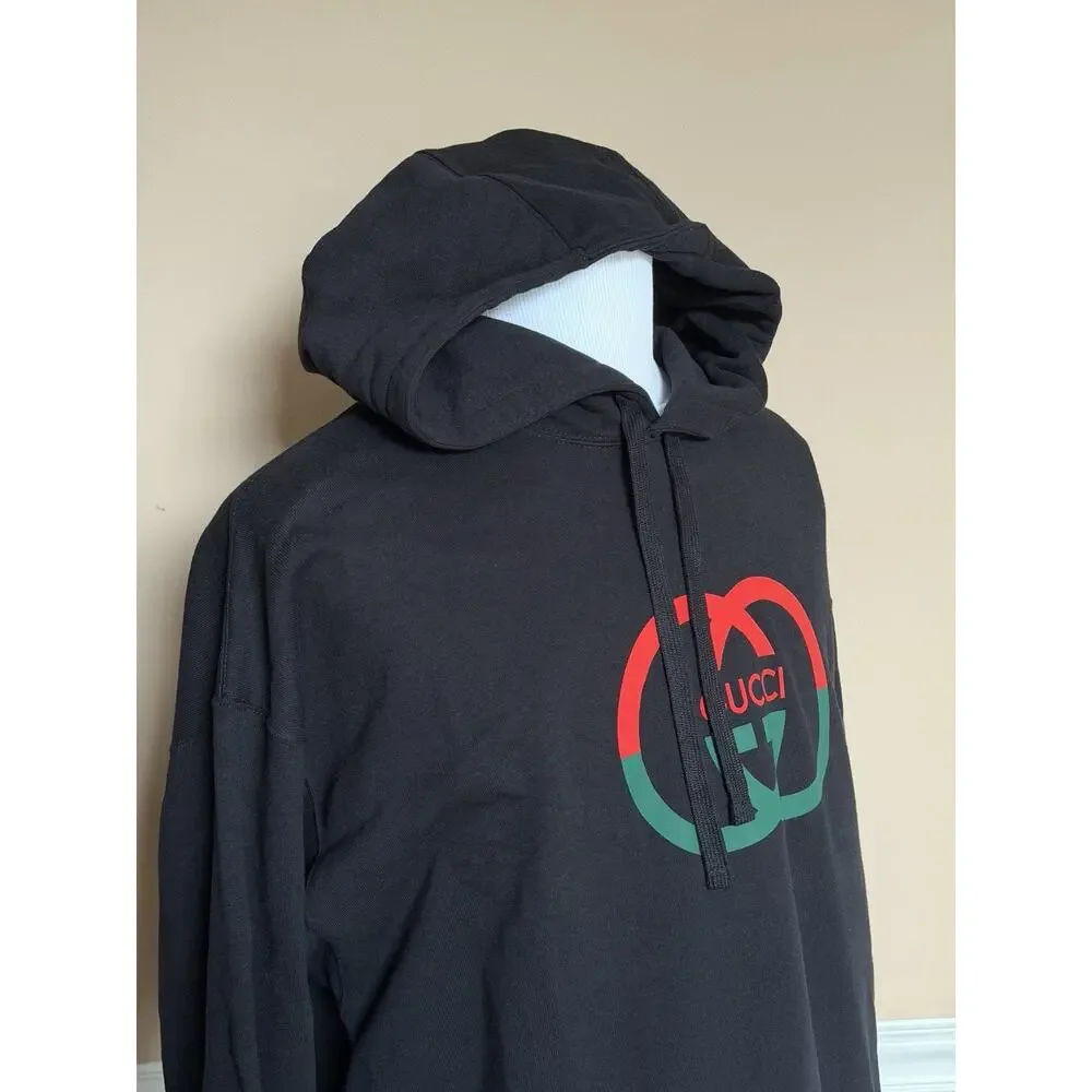 Gucci Interlocking G Logo Hoodie Black Cotton Sweatshirt Men’s Large 721427 NWT